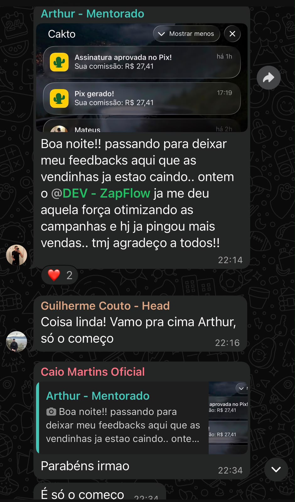 Depoimento de mentorado — resultado no grupo de aplicação